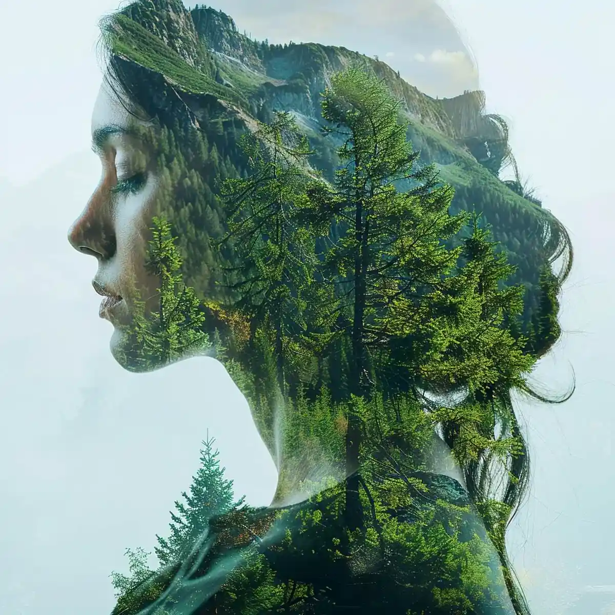 Woman’s profile blended with a forest and mountains, symbolising inner balance and mental wellbeing