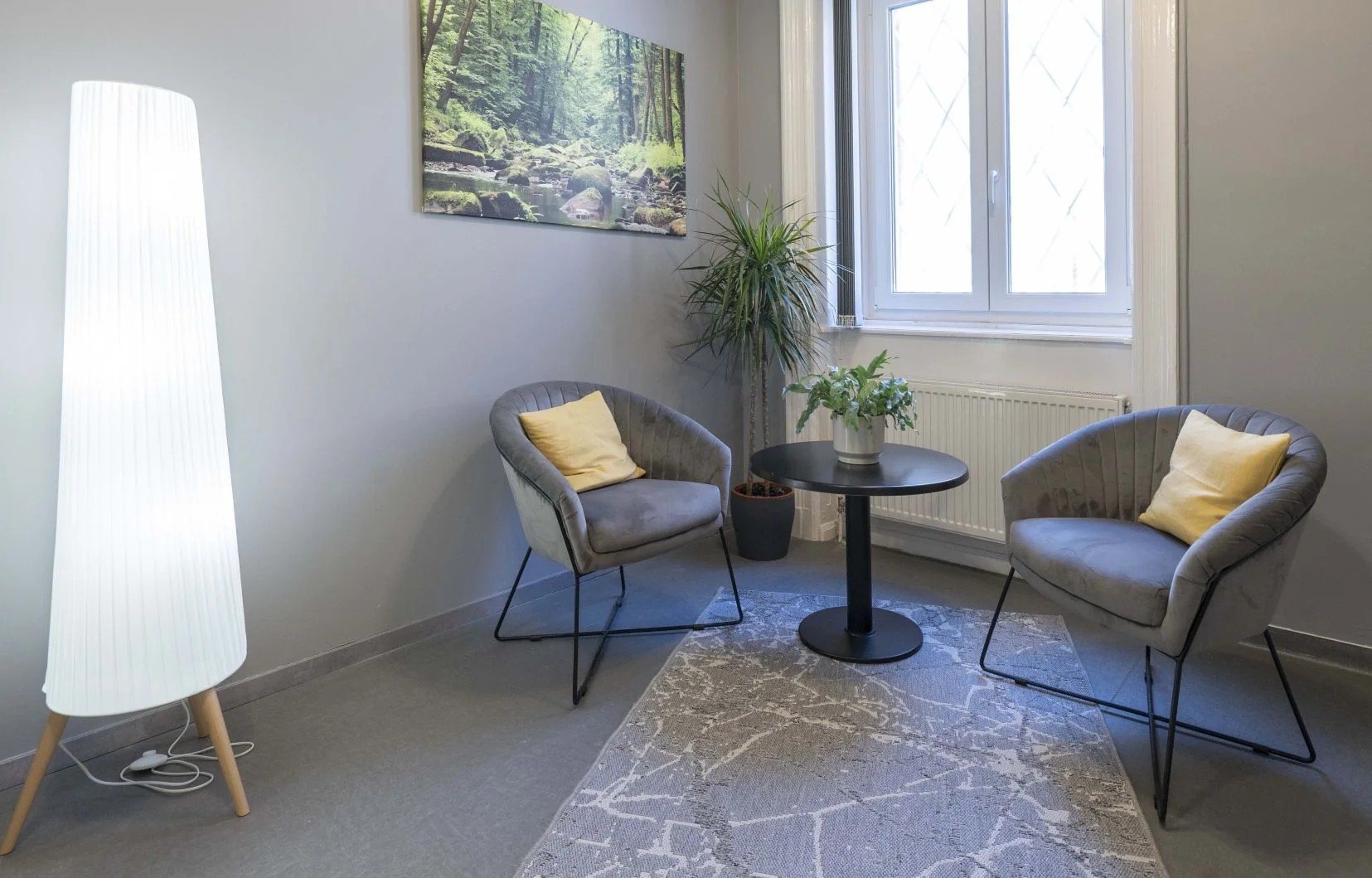 Bright consultation room at Mental Mood Medical with two armchairs and a small table.